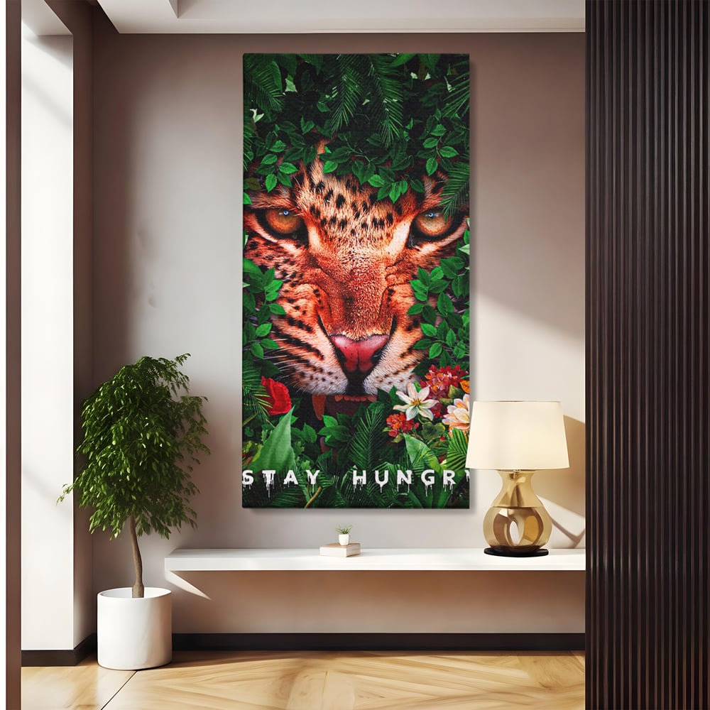 Tablou canvas cu ilustratie digitala portret tigru in jungla, fara rama, pe sasiu de lemn